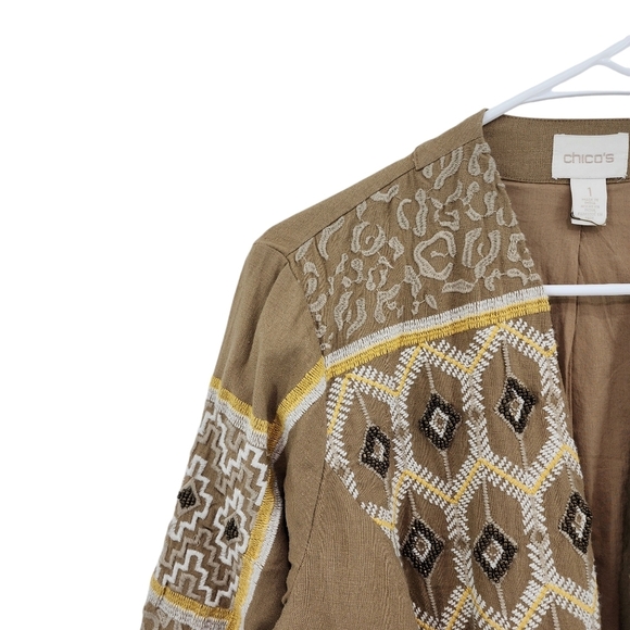 Chicos Women's Diamond Artisan Embroidered Linen Open Front Jacket Boho Brown - Picture 2 of 7